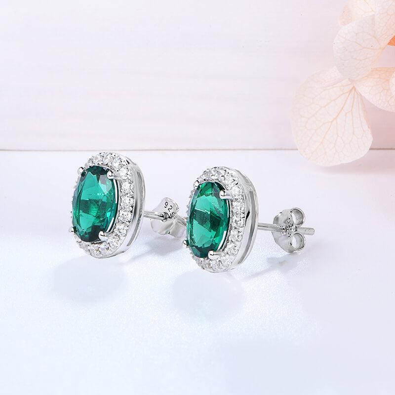Halo Oval Lab-Created Emerald Sterling Silver Stud Earrings