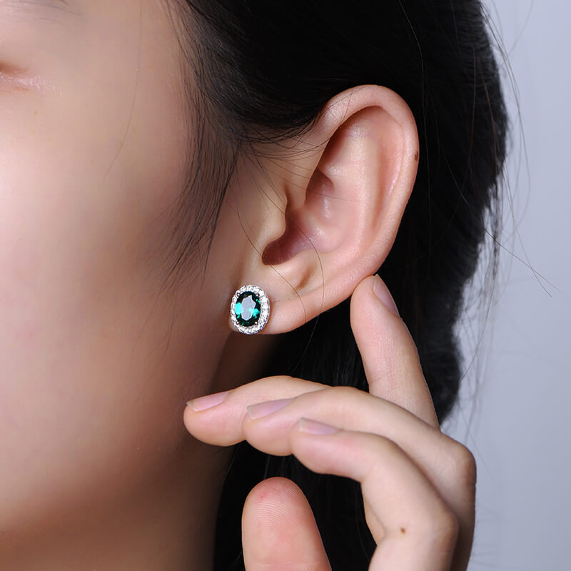 Halo Oval Lab-Created Emerald Sterling Silver Stud Earrings
