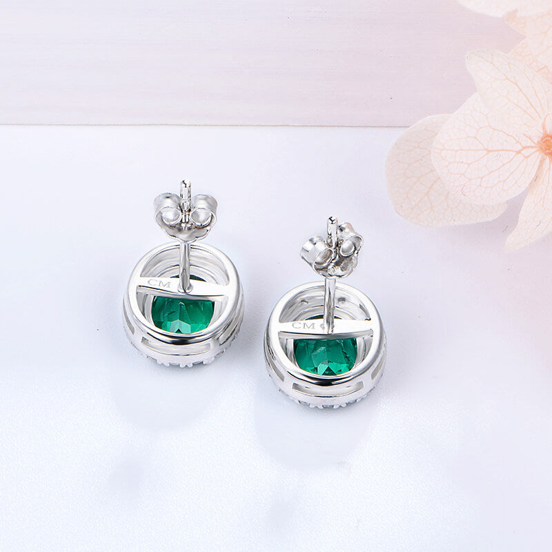 Halo Oval Lab-Created Emerald Sterling Silver Stud Earrings