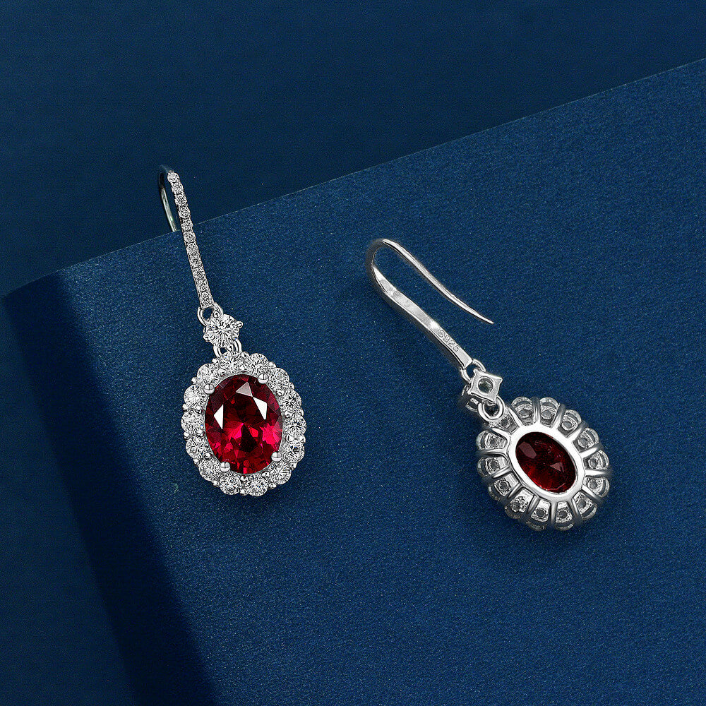 Halo Oval Lab-Sapphire Sterling Silver Drop Earrings