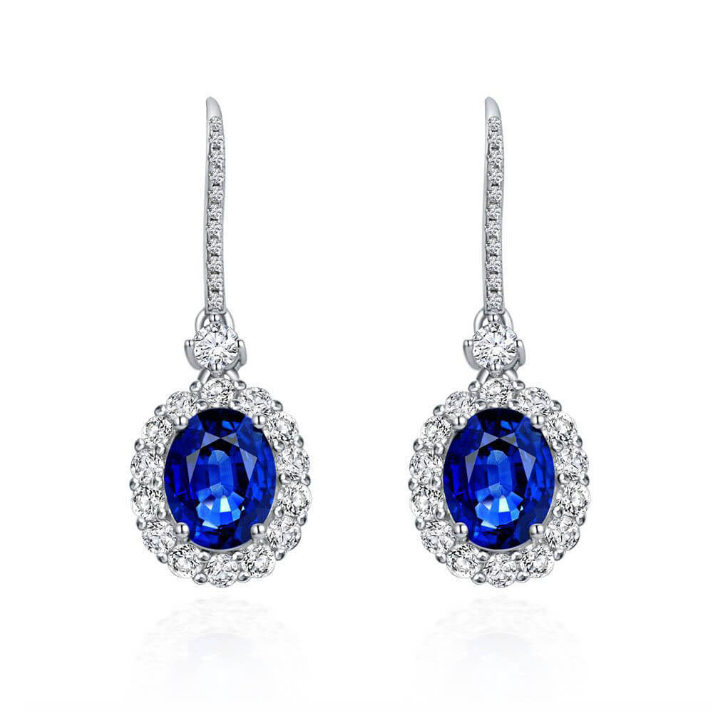 Halo Oval Lab-Sapphire Sterling Silver Drop Earrings