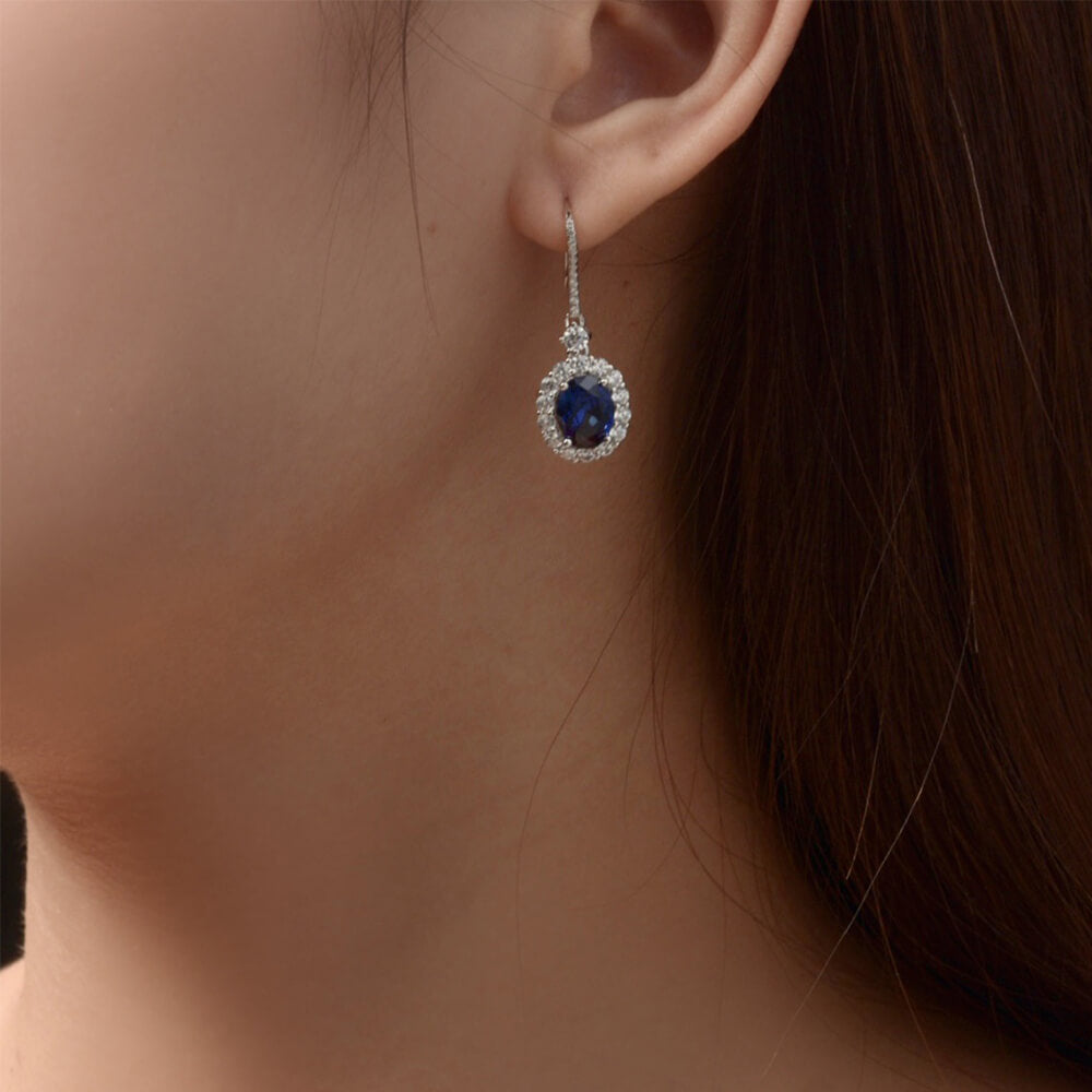 Halo Oval Lab-Sapphire Sterling Silver Drop Earrings