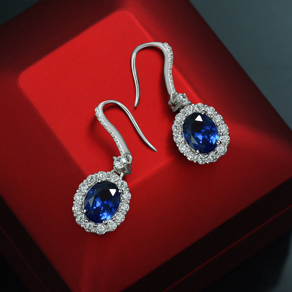 Halo Oval Lab-Sapphire Sterling Silver Drop Earrings