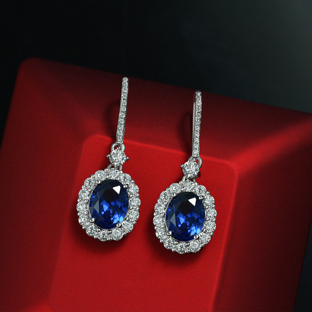 Halo Oval Lab-Sapphire Sterling Silver Drop Earrings