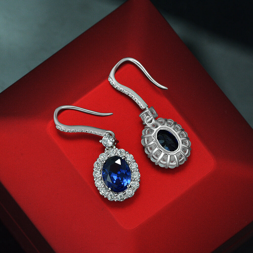 Halo Oval Lab-Sapphire Sterling Silver Drop Earrings