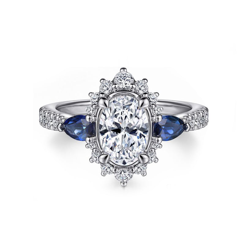 Halo Oval Moissanite Pear Sapphire Sidestone Pave Engagement Ring