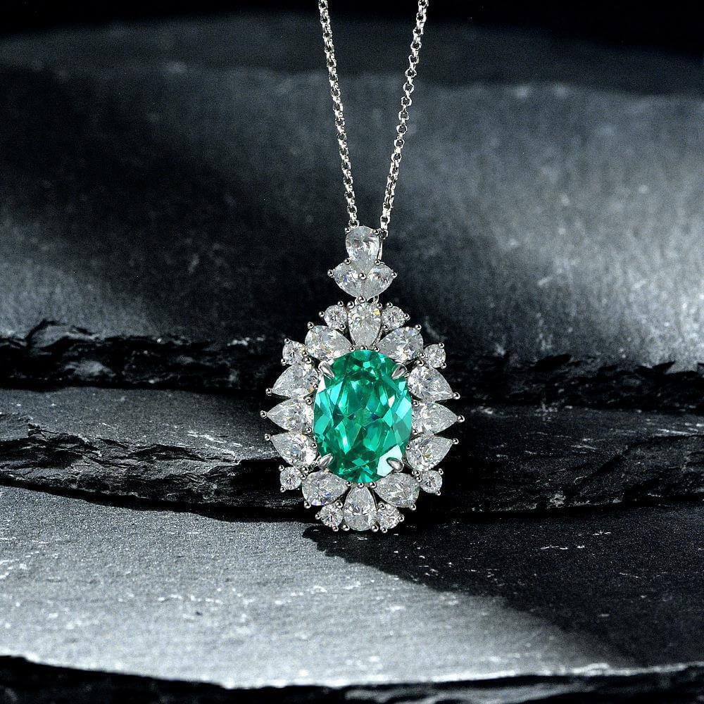 Halo Oval Paraiba Cluster Sterling Silver Necklace