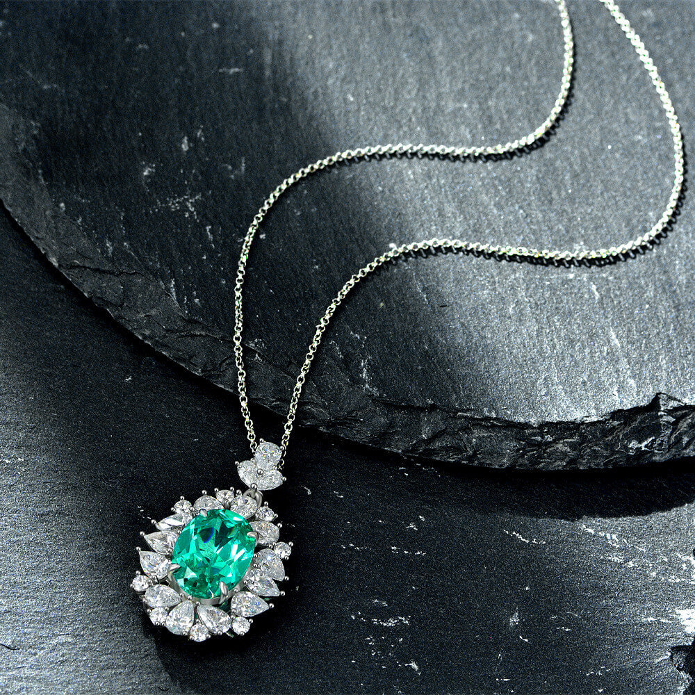 Halo Oval Paraiba Cluster Sterling Silver Necklace