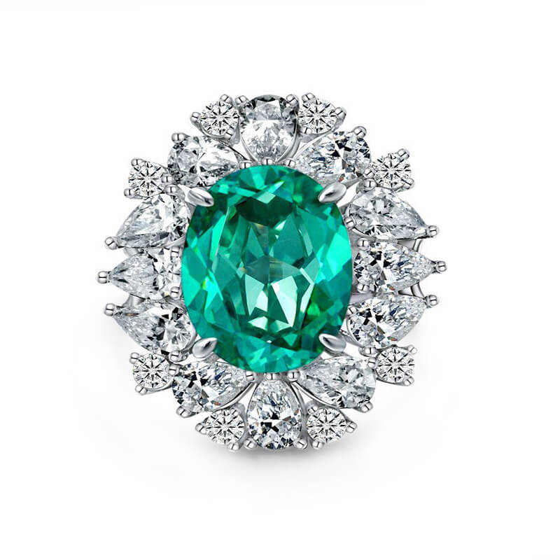 Halo Oval Paraiba Tourmaline Accents Pave Sterling Silver Ring