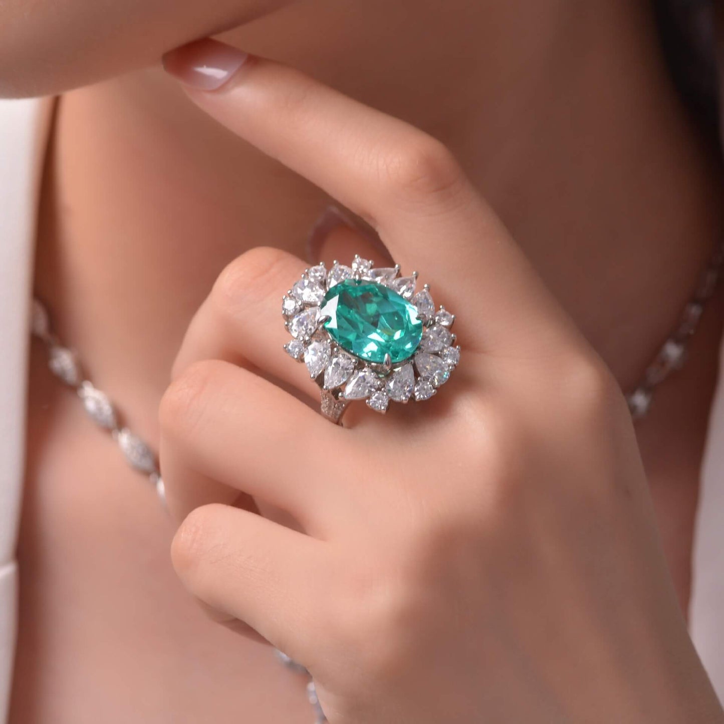 Halo Oval Paraiba Tourmaline Accents Pave Sterling Silver Ring