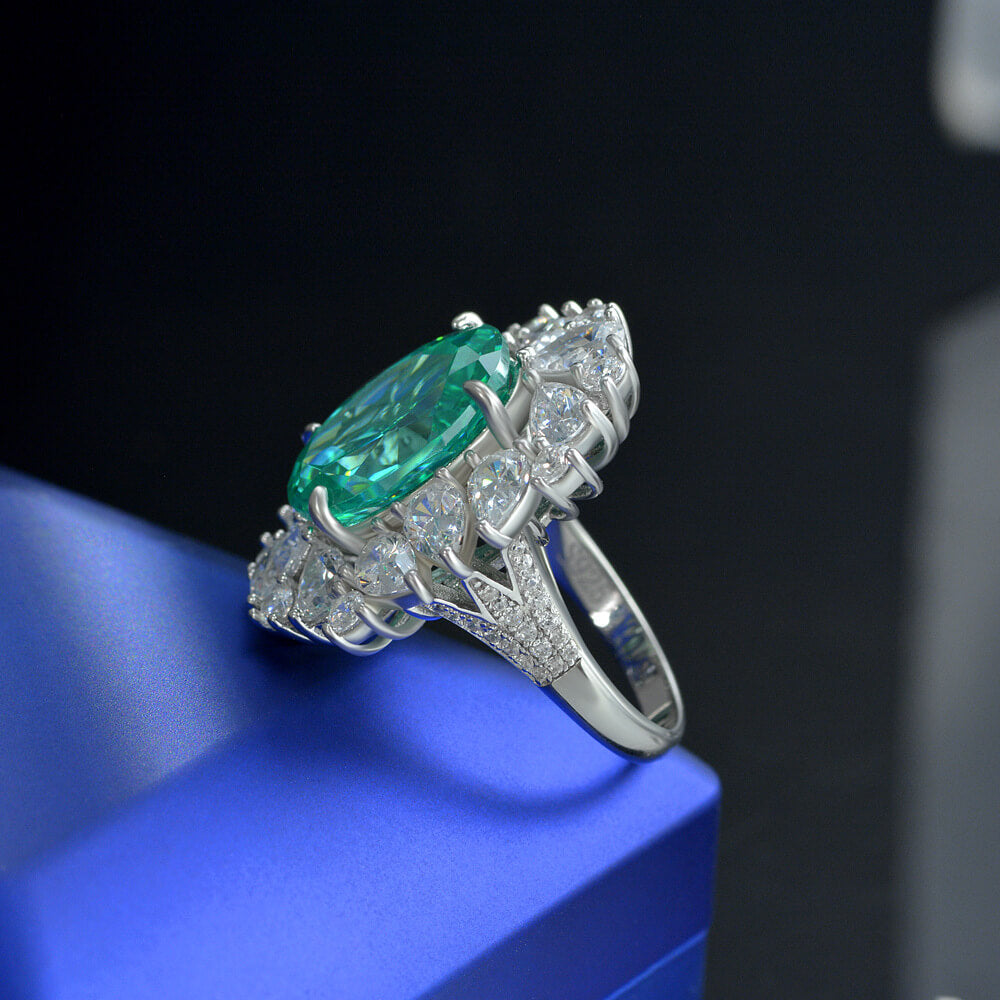 Halo Oval Paraiba Tourmaline Accents Pave Sterling Silver Ring