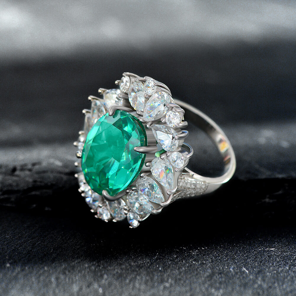 Halo Oval Paraiba Tourmaline Accents Pave Sterling Silver Ring