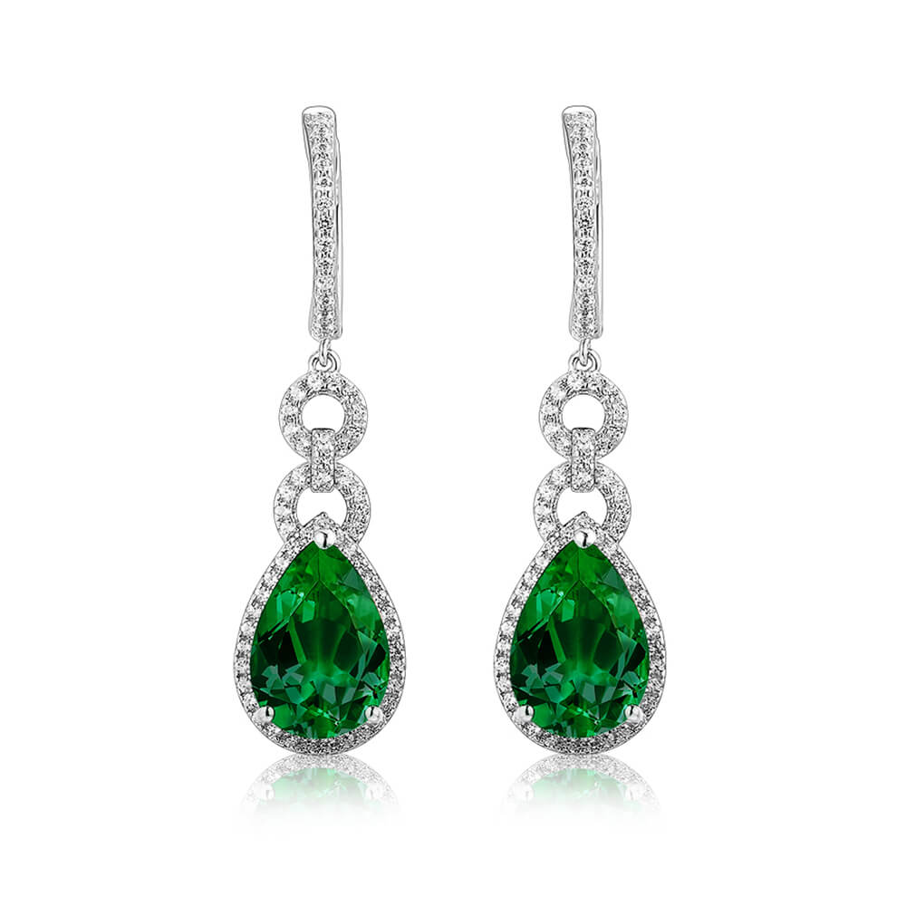 Halo Lab-Created Pear-Cut Emerald Sterling Silver Drop Earrings