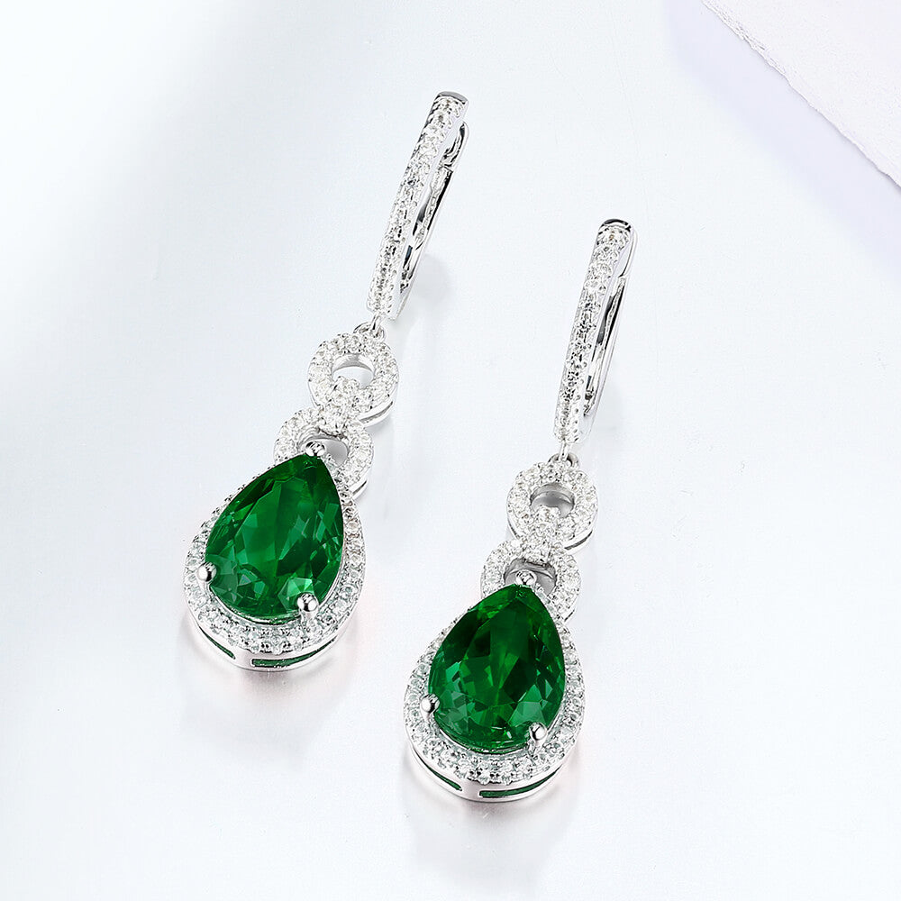 Halo Lab-Created Pear-Cut Emerald Sterling Silver Drop Earrings