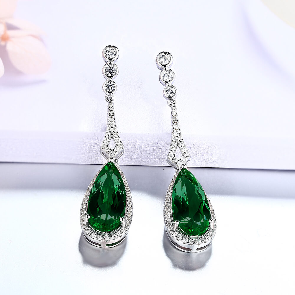 Halo Pear-Cut Lab-Created Emerald Sterling Silver Drop Earrings