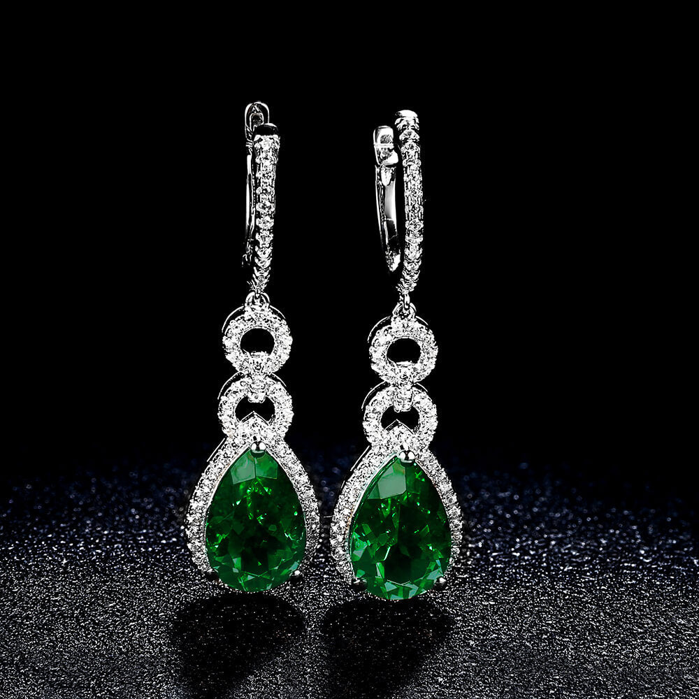Halo Lab-Created Pear-Cut Emerald Sterling Silver Drop Earrings