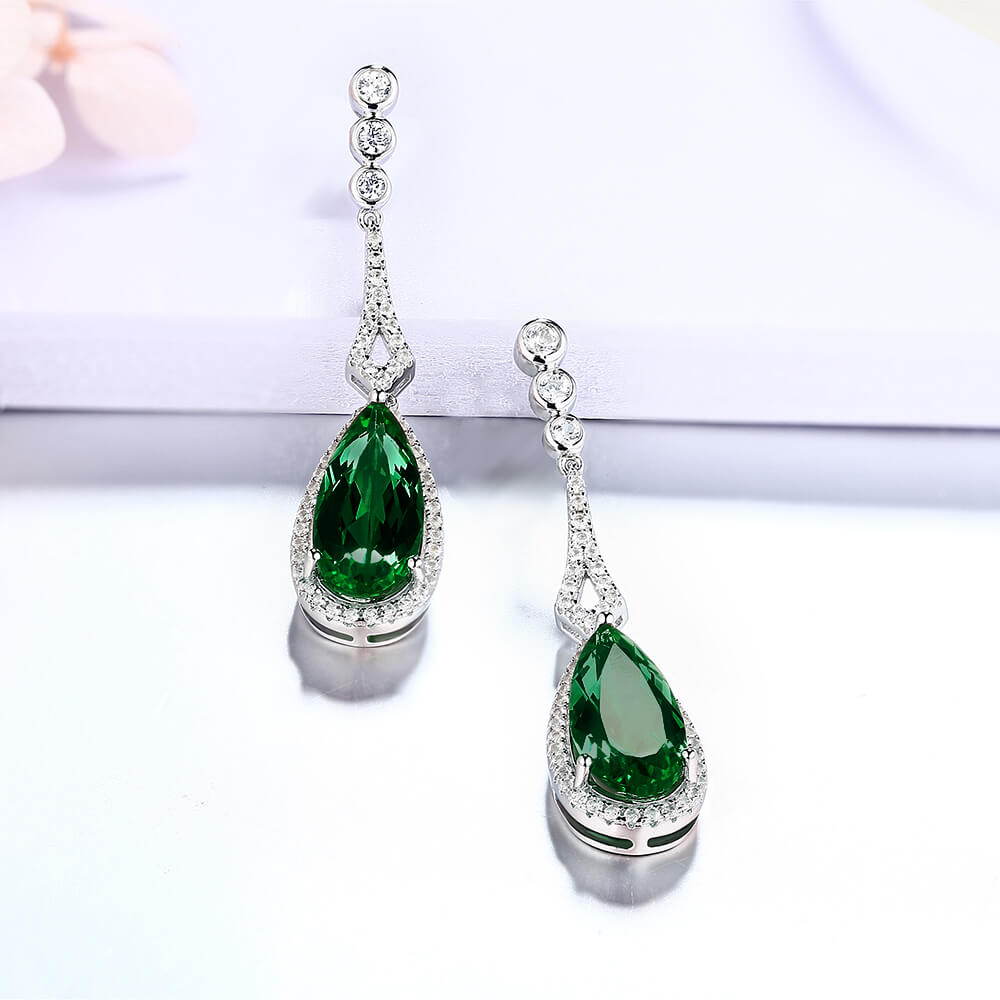 Halo Pear-Cut Lab-Created Emerald Sterling Silver Drop Earrings