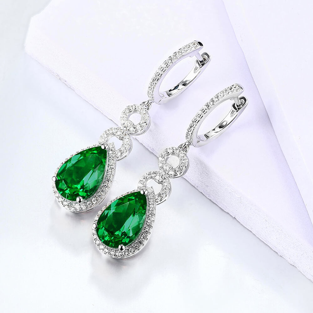 Halo Lab-Created Pear-Cut Emerald Sterling Silver Drop Earrings