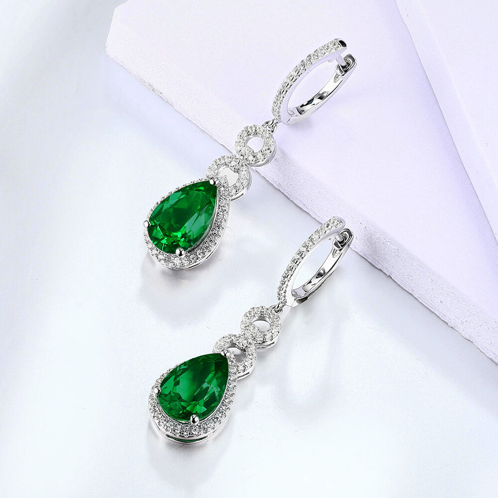 Halo Lab-Created Pear-Cut Emerald Sterling Silver Drop Earrings