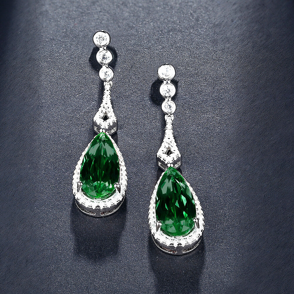 Halo Pear-Cut Lab-Created Emerald Sterling Silver Drop Earrings