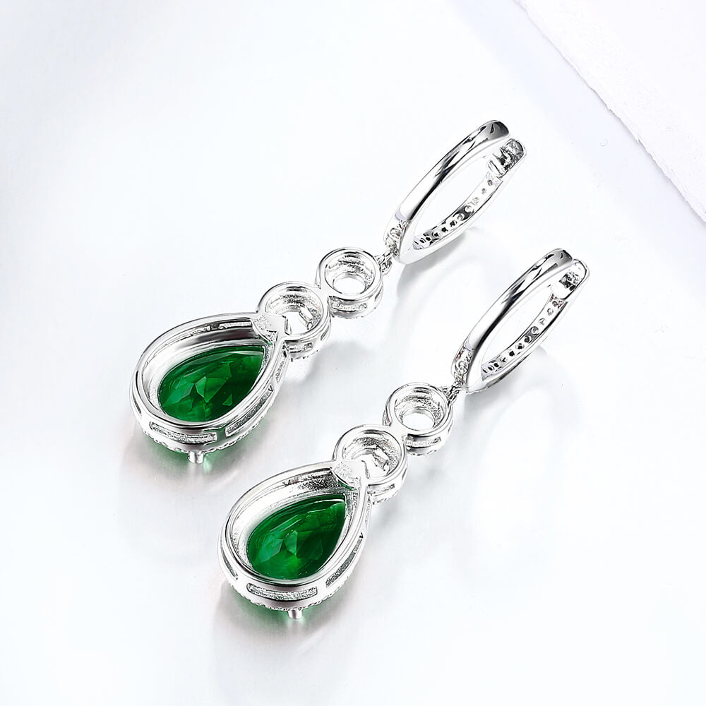 Halo Lab-Created Pear-Cut Emerald Sterling Silver Drop Earrings