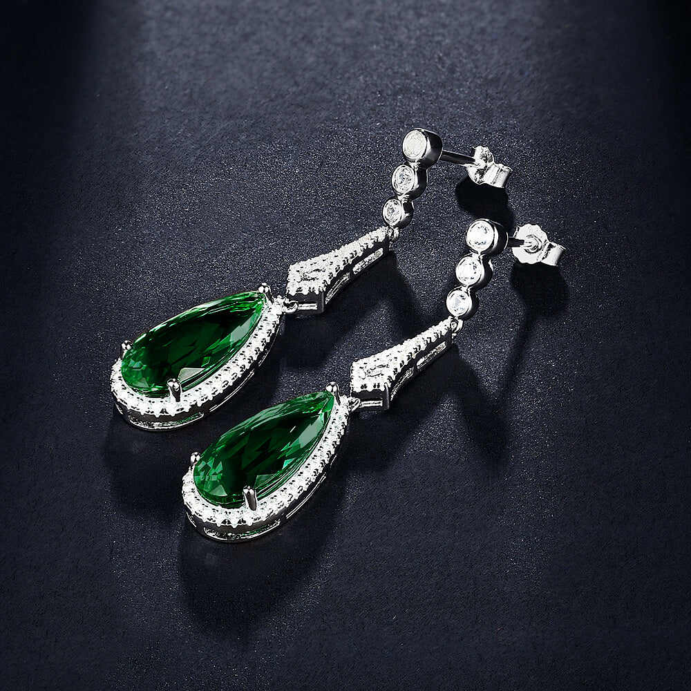 Halo Pear-Cut Lab-Created Emerald Sterling Silver Drop Earrings