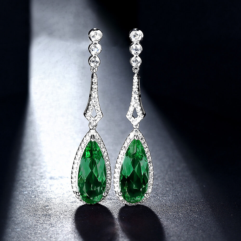 Halo Pear-Cut Lab-Created Emerald Sterling Silver Drop Earrings