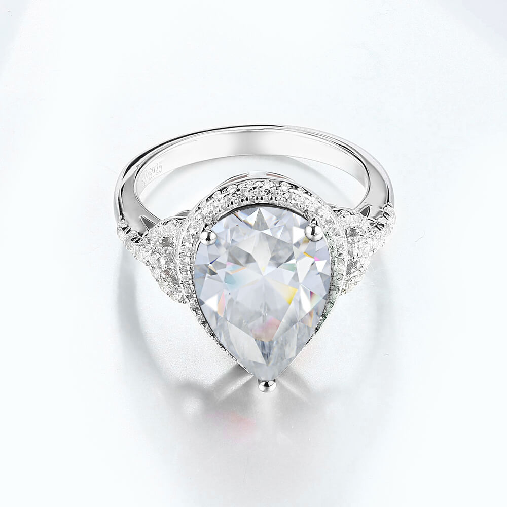 Halo Pear Cut Moissanite Side Stone Engagement Ring