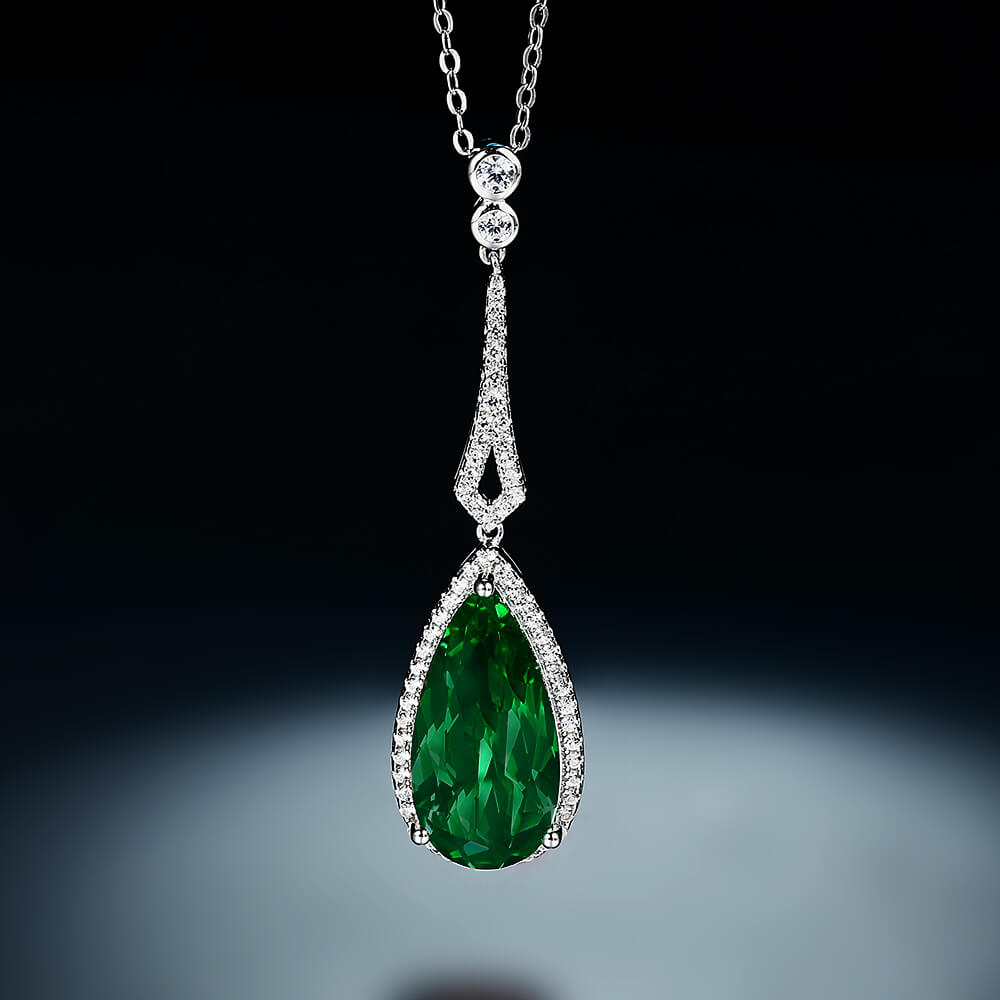 Halo Pear Lab-Created Emerald Sterling Silver Necklace Pendant