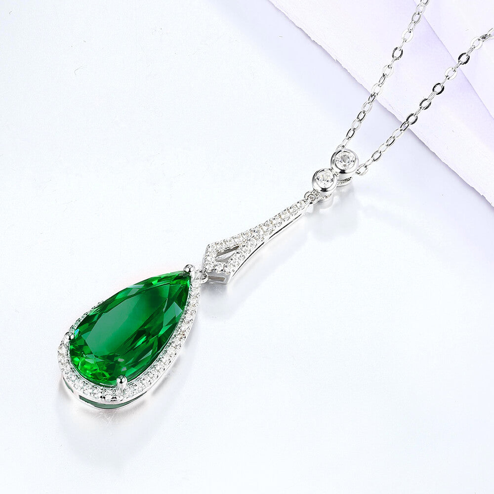 Halo Pear Lab-Created Emerald Sterling Silver Necklace Pendant