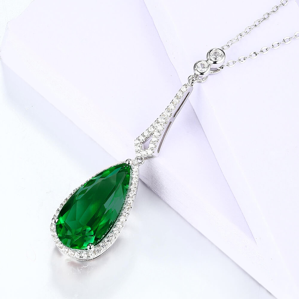 Halo Pear Lab-Created Emerald Sterling Silver Necklace Pendant
