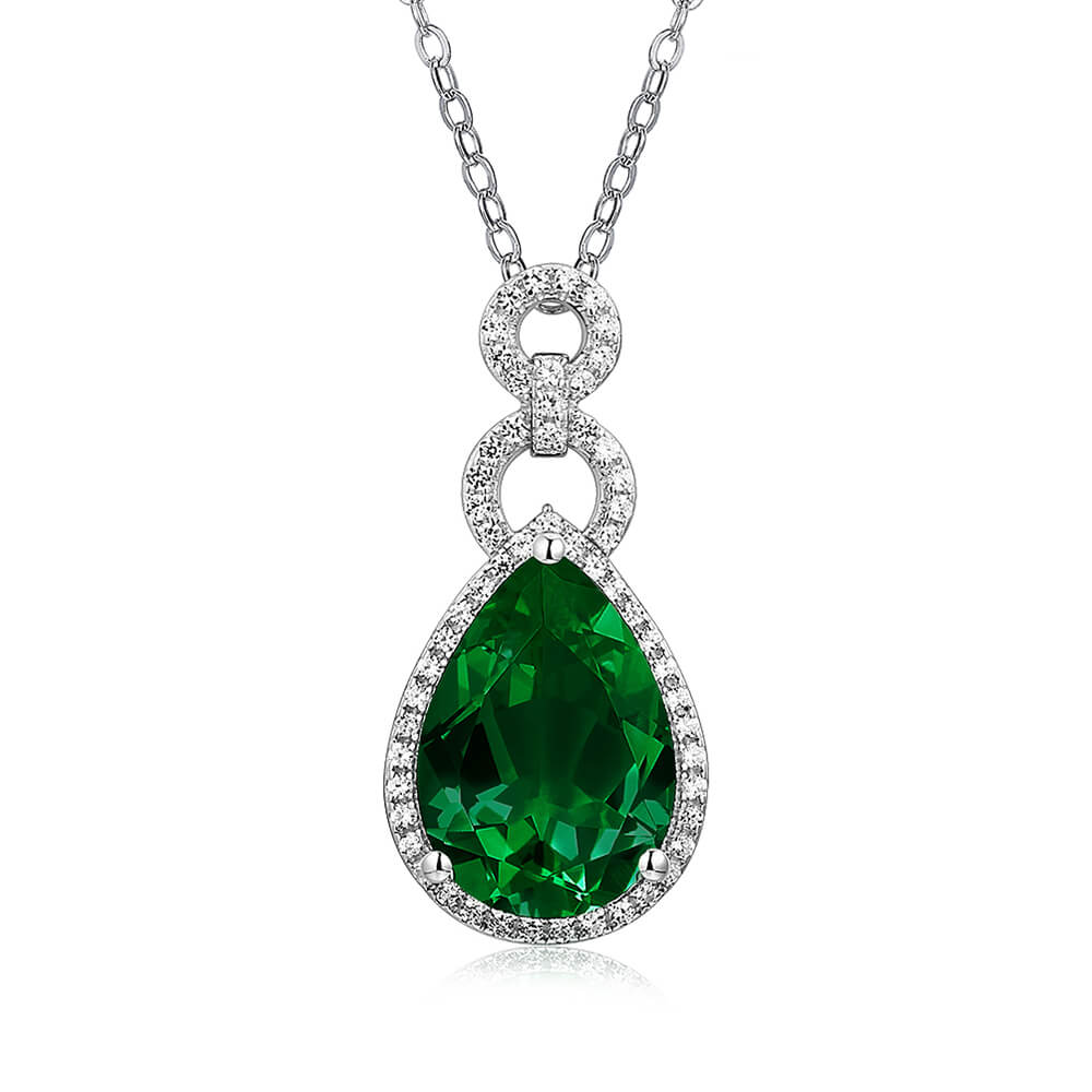Halo Pear Lab-Created Emerald Sterling Silver Necklace