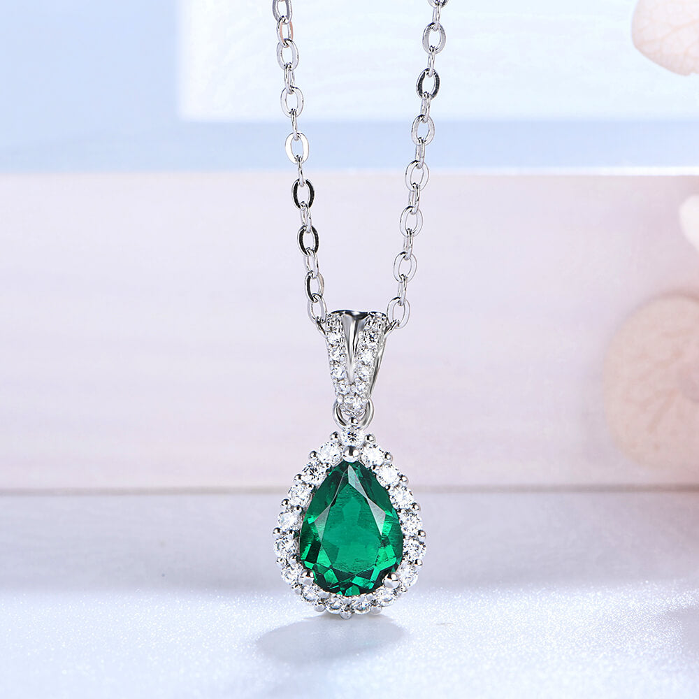 Halo Pear Lab-Created Emerald Sterling Silver Necklace