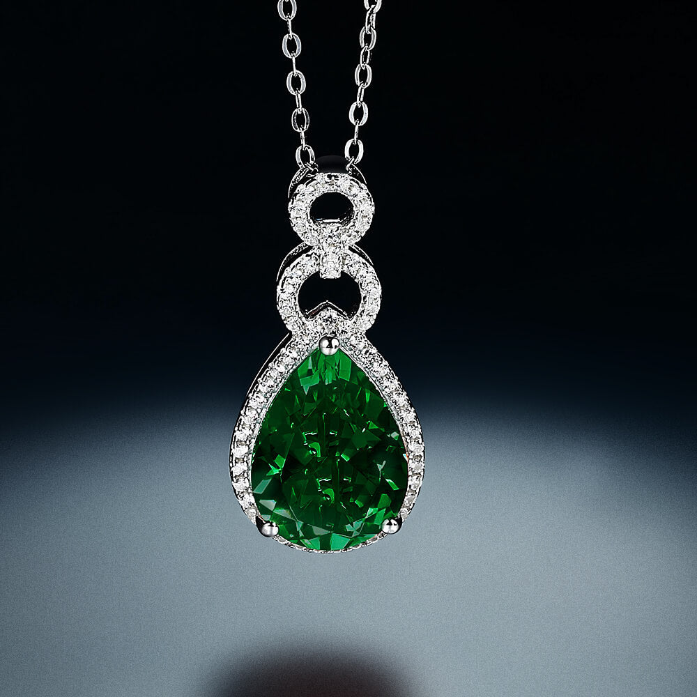 Halo Pear Lab-Created Emerald Sterling Silver Necklace