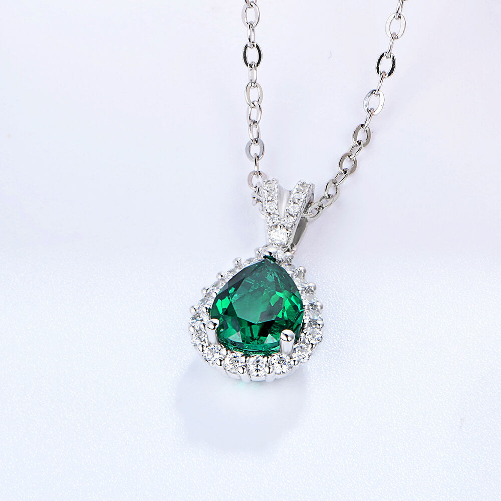 Halo Pear Lab-Created Emerald Sterling Silver Necklace