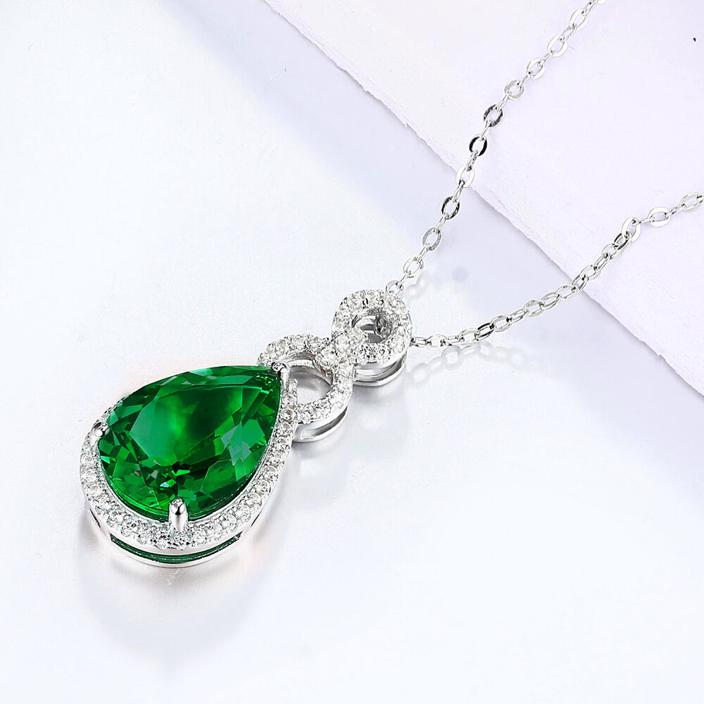 Halo Pear Lab-Created Emerald Sterling Silver Necklace