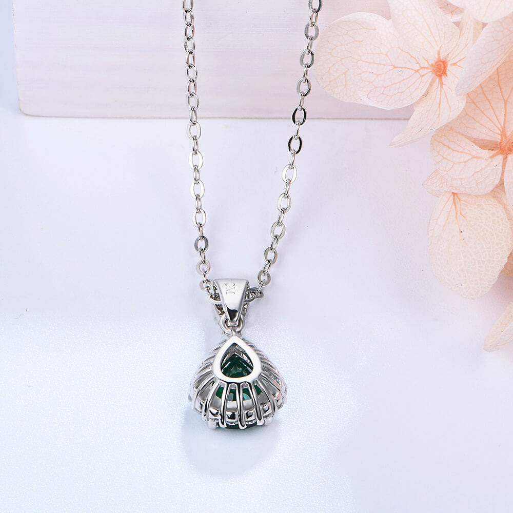 Halo Pear Lab-Created Emerald Sterling Silver Necklace