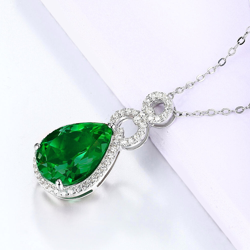 Halo Pear Lab-Created Emerald Sterling Silver Necklace