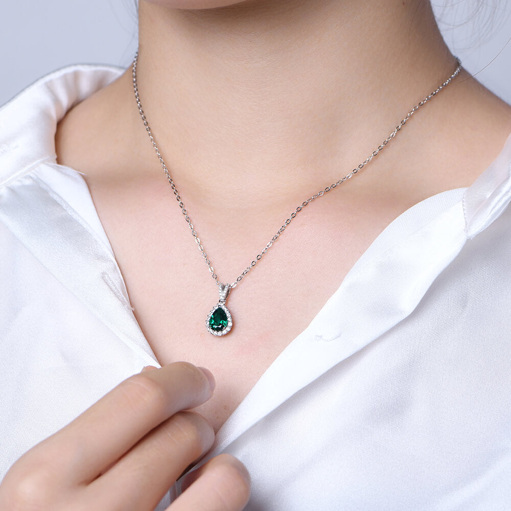 Halo Pear Lab-Created Emerald Sterling Silver Necklace