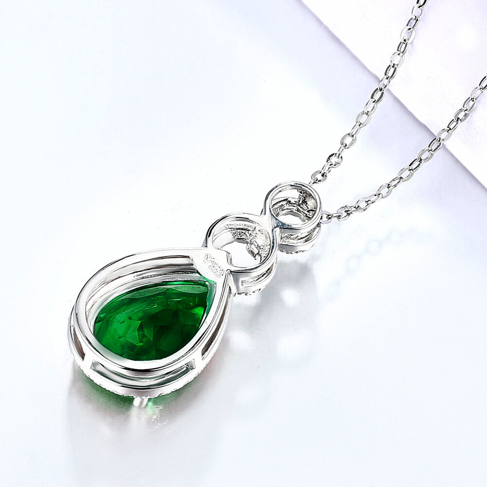 Halo Pear Lab-Created Emerald Sterling Silver Necklace