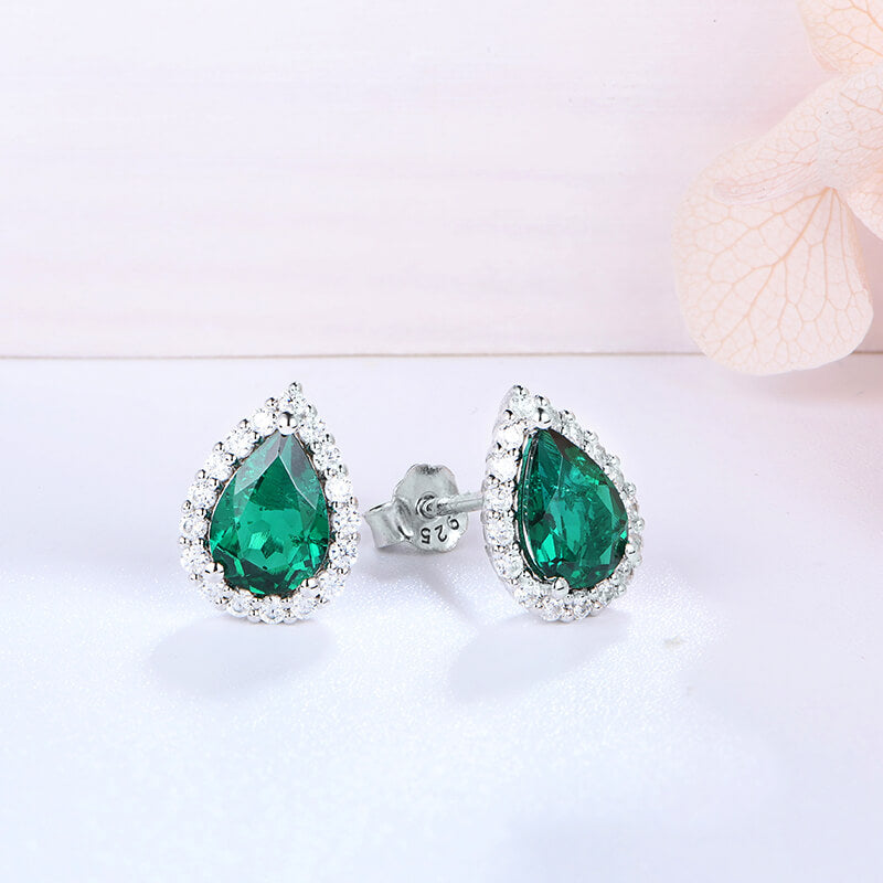 Halo Pear Lab-Created Emerald Sterling Silver Stud Earrings