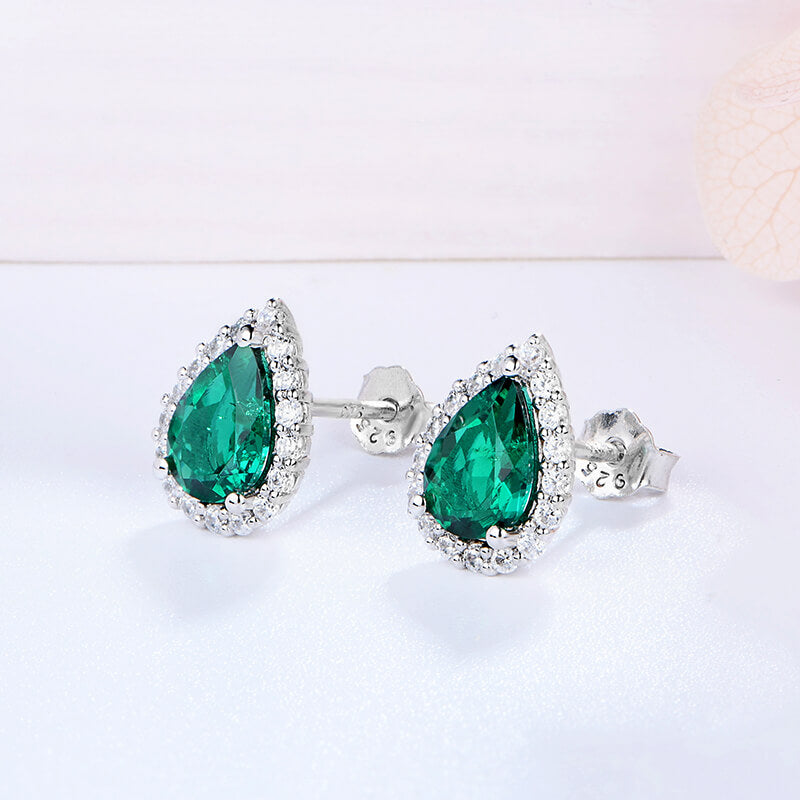 Halo Pear Lab-Created Emerald Sterling Silver Stud Earrings