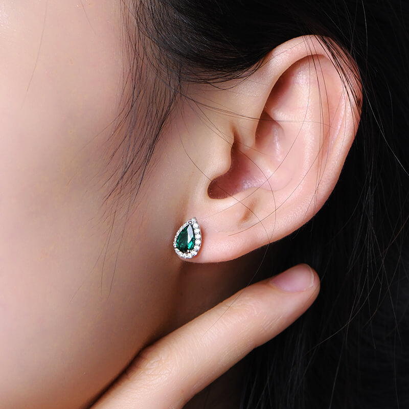 Halo Pear Lab-Created Emerald Sterling Silver Stud Earrings
