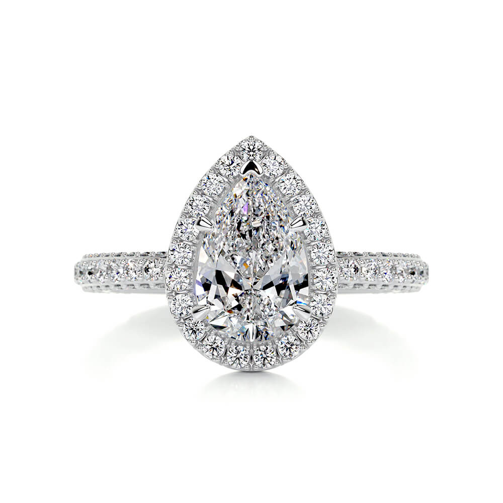Halo Pear Moissanite Triple Row Pave Engagement Ring