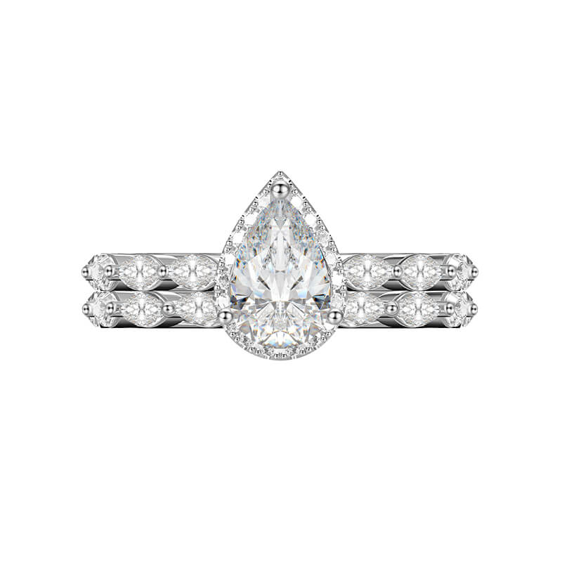 Halo Pear Moissanite With Marquise Accents Bridal Engagement Ring Set