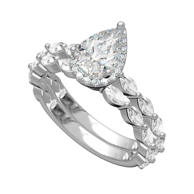 Halo Pear Moissanite With Marquise Accents Bridal Engagement Ring Set