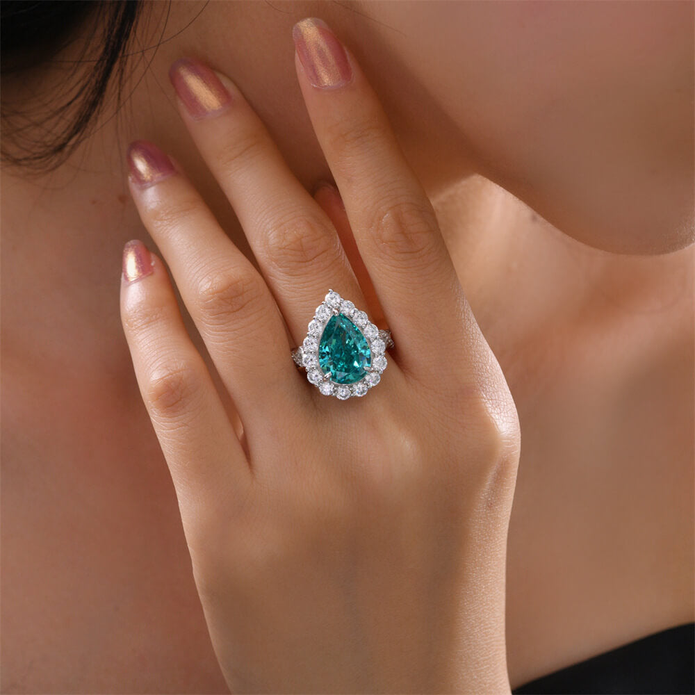 Halo Pear Paraiba Tourmaline Twisted Pave Sterling Silver Ring