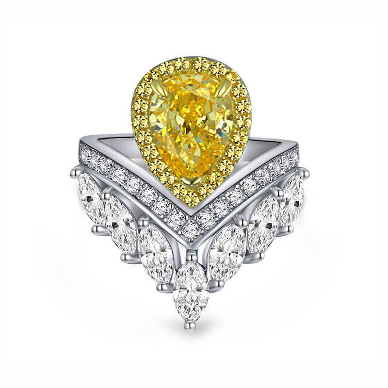 Halo Pear Yellow Sapphire Crown Accents Pave Sterling Silver Ring