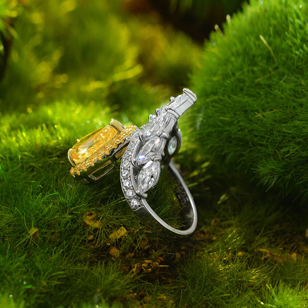 Halo Pear Yellow Sapphire Crown Accents Pave Sterling Silver Ring