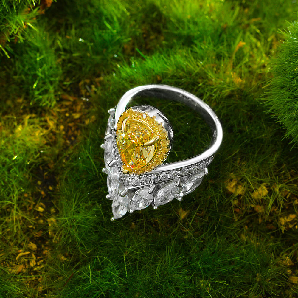 Halo Pear Yellow Sapphire Crown Accents Pave Sterling Silver Ring